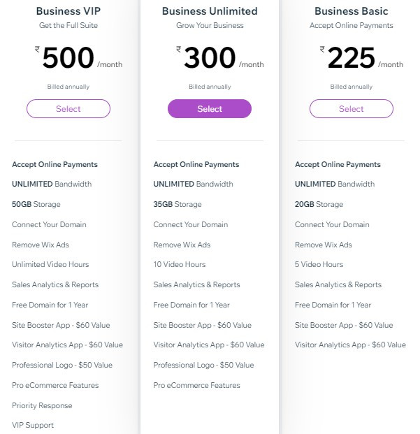 Business Premium Plans Wix India
